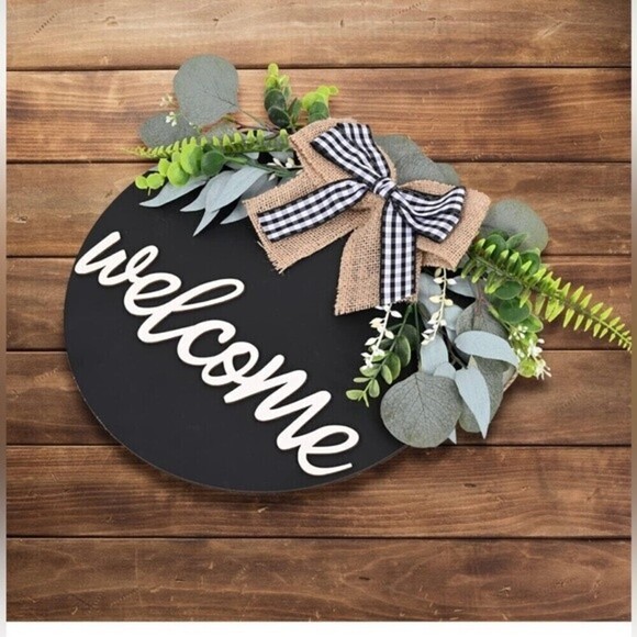 Welcome Wood sign Eucalyptus Farmhouse Wreath Rustic Buffalo Bow Front Porch. - Picture 2 of 9